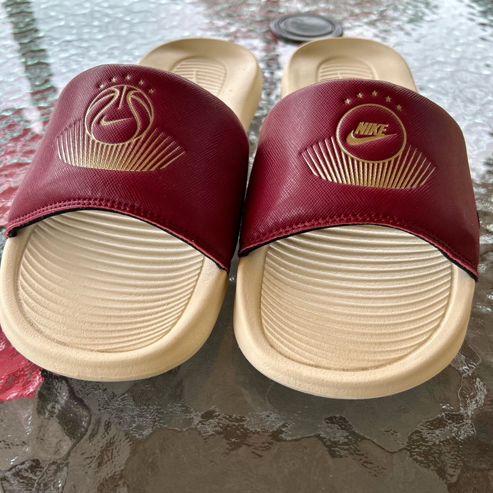 Nike Burgundy and Cream Slide Sandals